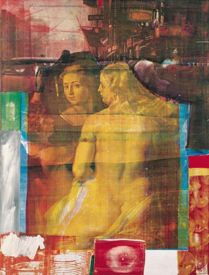 Robert Rauschenberg. faded bright red green blue collage, classical painting and busy city