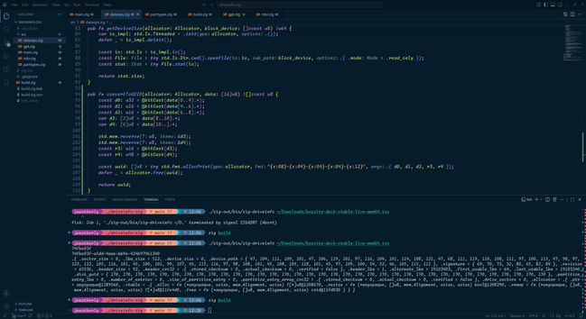 The source code in VSCodium showing the `convertToUUID` function which breaks up a 16 byte array into five fields, byte-swaps the last two fields, then puts them together into a string.