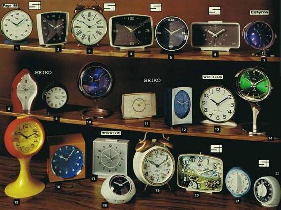 from a 1972 Argos catalogue, a photo of 22 clocks on 3 shelves