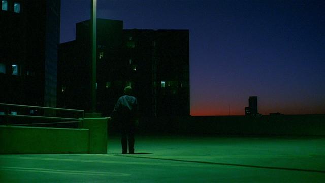 paris, texas. standing in the green light, apartment blocks, faint sun over horizon