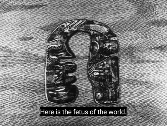 Here is the fetus of the world. From Statues Also Die - "a crucial prologue to Mamadou Diawara's problematization of display & appropriation; the re-sacralization in the 'temple' of the museum: “the new ritual, that of being shown.” the spectacle of a thief's consciousness in curating African art"