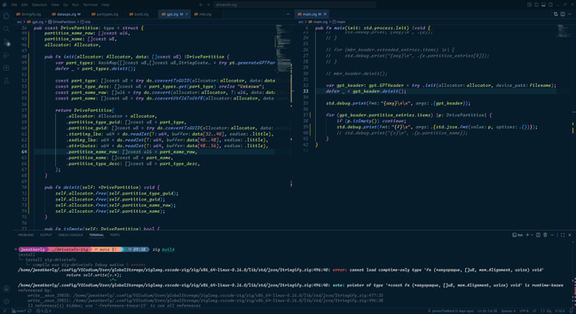 A screenshot of the DrivePartition struct, the `main.zig` calling code, and the error information in one conveniently hard to read place via VSCodium.