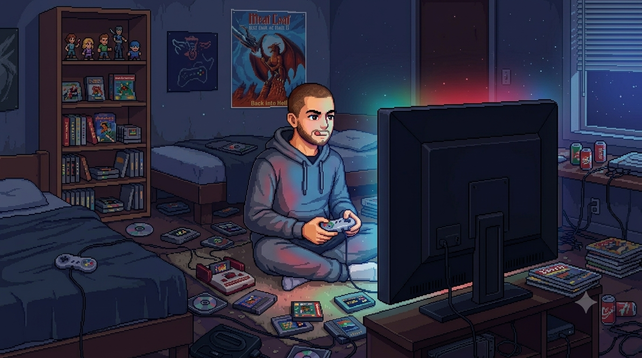 Yo jugando en mi habitación con un poster de Bat Out of Hell II en la pared y juegos por el suelo porque soy un desastre, pero disfrutón xD. Veníos a twitch.tv/rocquitojuegos