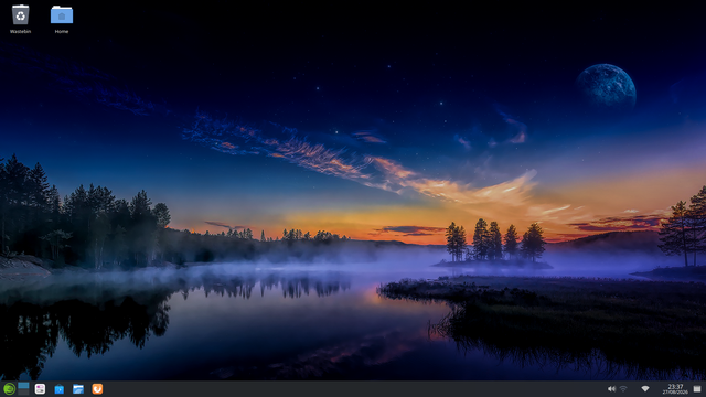 openSUSE Leap 16 with KDE Plasma, using a dark blue and warm orange space-and-lake wallpaper and a minimal desktop layout.