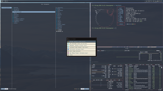 Scrot of 3 terminal windows on mango wm on FreeBSD. One showing yazi, the obligatory fastfetch and btop in the 3rd window. Rofi layered on top.