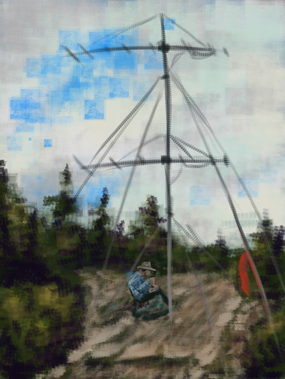 A man sitting under a portable radio antenna. He's on an edge of a rocky path amidst blurry bushes and small spruces, typical for a mountainous area