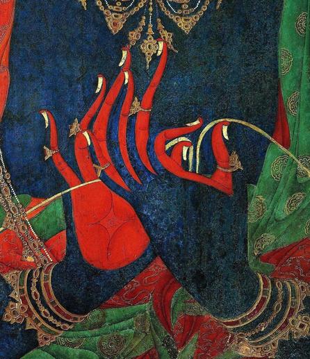 Hands of Bodhisattva Akasagarbha in Teaching Gesture, Tubchen Temple, Lo Monthang; Mustang, Tibetan Plateau, photographed by Kenneth Parker