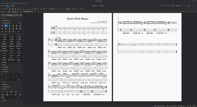 An in-progress screenshot of Musescore with the first 44 bars of the bass guitar tablature/sheet music for "Battle With Magus" written by Yasunori Mitsuda.
