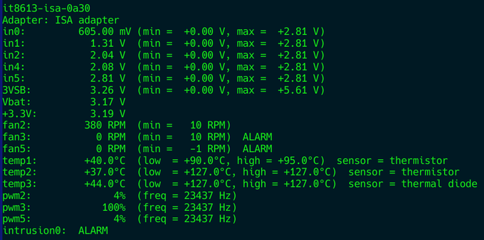 it8613-isa-0a30
Adapter: ISA adapter
in0: 605.00 mV (min = +0.00 V, max = +2.81 V)
in1: 1.31 V (min = +0.00 V, max = +2.81 V)
in2: 2.04 V (min = +0.00 V, max = +2.81 V)
in4: 2.08 V (min = +0.00 V, max = +2.81 V)
in5: 2.81 V (min = +0.00 V, max = +2.81 V)
3VSB: 3.26 V (min = +0.00 V, max = +5.61 V)
Vbat: 3.17 V
+3.3V: 3.19 V
fan2: 380 RPM (min = 10 RPM)
fan3: 0 RPM (min = 10 RPM…