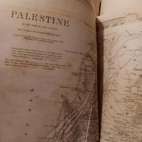 slightly torn loose map of Palestine. "published under the superintendence of the society for the diffusion of useful knowledge"

"every known ancient site is inserted in this map and also some places of which the positions are only conjectural these latter are distinguished by a lighter character  of writing and a note of interrogation as archelais?"

there is indication of which rivers are dry a considerable portion of the year