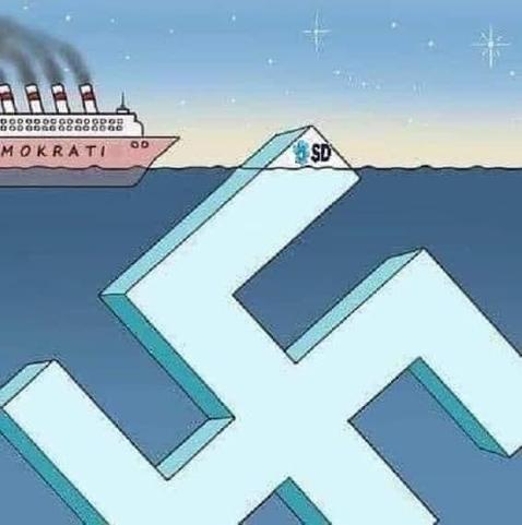 En bild av ett skepp som det står Demokrati på. Det kör mot toppen av en svastika där nästan hela svastikan är under vatten så att bara en liten del sticker upp i vattnet. Tanken är att det ska likna Titanic som inte såg hur stort isberget var under ytan. På den lilla topp som sticker upp över vattnet står det SD