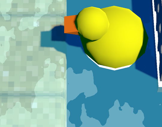 Screenshot of a game showing a polygonal yellow rubber duck floating on some water; the view is zoomed in so the duck is filling most of the image.