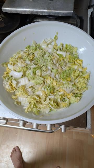 Photo of a wide white porcelain bowl with napa cabbage that has ripened since yesterday when I cut it in pieces and rubbed plenty of salt into it.
