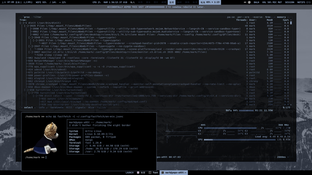 Linux desktop environment with two terminals open, one shows process list, the other the system info
