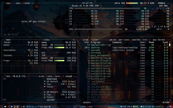 Btop output using the Kitty terminal displaying Berkeley Mono font with slashed zeroes and crossed 7s.