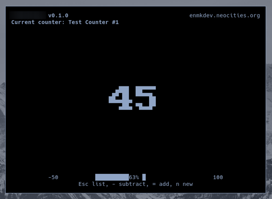 Terminal tally counter's main screen showing the current counter, its value in the center and percentage gauge and bind hints at the bottom