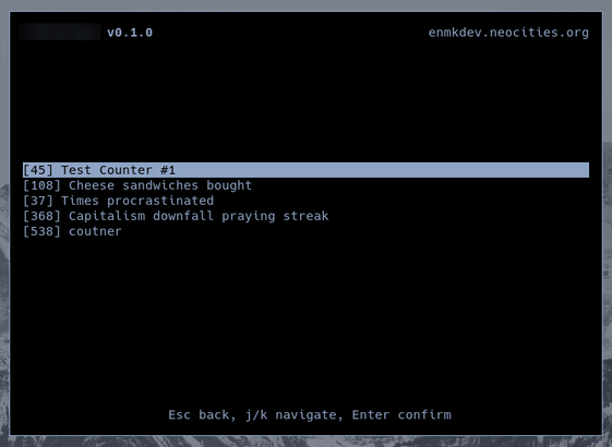 Terminal tally counter's counter selection screen, showing multiple counters in a list with their current values prepended