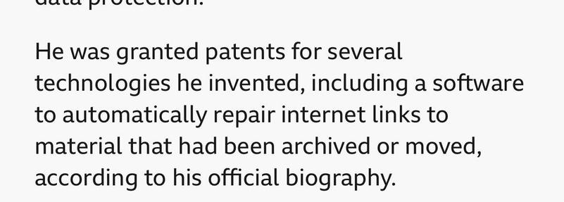 Quote about Ben Delo from a recent article: "He was granted parents for several technologies he invented, including a software [sic] to automatically repair internet links to material that had been archived or moved, according to his official biography."
