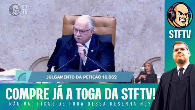 Imagem do julgamento da petição 1662, mas com montagens fazendo referência à Cazé TV, com o nome de STFTV. O logo da Cazé TV foi modificado para, ao invés do Cazé, ter o Alexandre de Moraes.