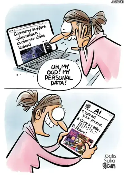 The cartoon shows a person in a panic when the servers of the company where they store their private files are hacked