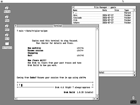 the GEM for Linux desktop, a faithful implementation of an early-1980s GUI