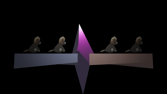 Two platforms with two characters each standing on it, on a black background. There's a crystal-like object in between the platforms