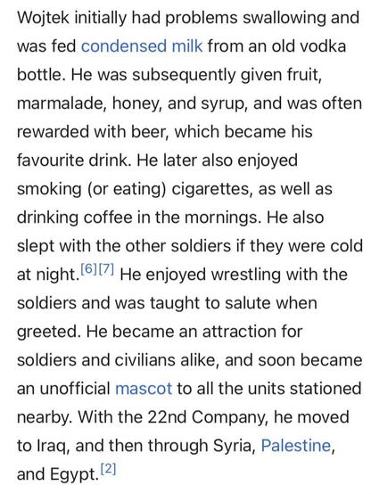 Wojtek initially had problems swallowing and was fed condensed milk from an old vodka bottle. He was subsequently given fruit, marmalade, honey, and syrup, and was often rewarded with beer, which became his favourite drink. He later also enjoyed smoking (or eating) cigarettes, as well as drinking coffee in the mornings. He also slept with the other soldiers if they were cold at night. He enjoyed wrestling with the soldiers and was taught to salute when greeted. He became an attraction for soldi…