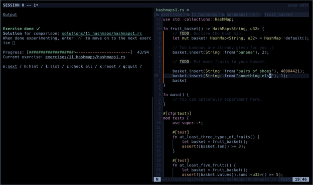 Terminal session showing current exercise status in Rustlings on the left and a text editor (neovim) on the right