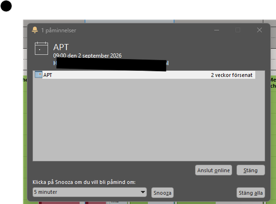 A screen capture showing an alert from microsoft outlook showing me an event from two weeks ago. The alert was 14 days late!