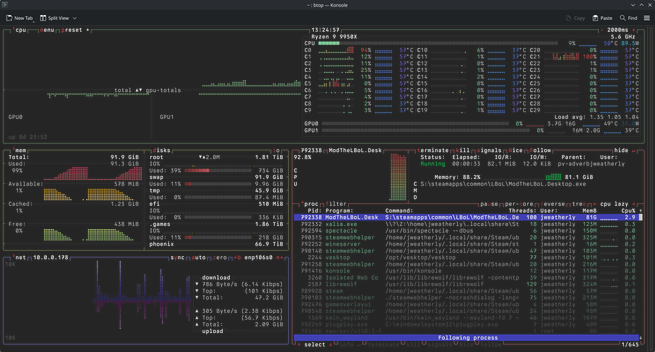 The mod loader for _Touhou: Lost Branch of Legend_ shown in the `btop` terminal application showing the process consuming 80+ GB of RAM...