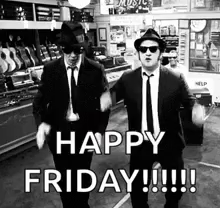 I short gif of the blues brothers making a dance and the text - Happy friday! in the bottom