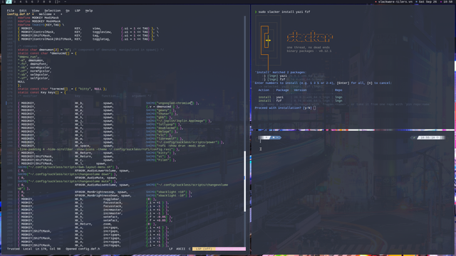 Three terminal windows on Slackware Current and  dwm: one Slacker install, one config.def.h of dwm and one empty