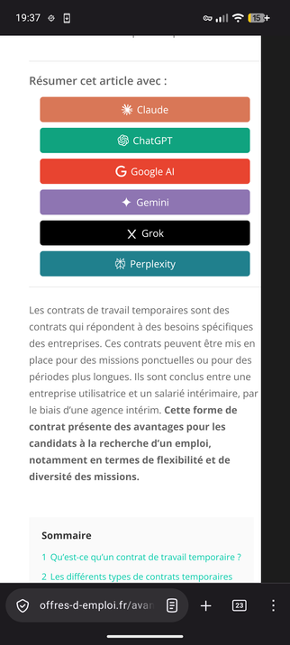 Capture d'écran d'un site qui propose de résumer l'article avec 6 IA différentes. Article de 4 paragraphes...