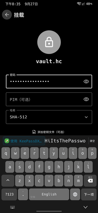 VeraCrypt wrapper vault unlock screen with the keyboard showing what was typed into the password field ("HiItsThePassword"), in plain text without hiding it (obviously that's not the real password)