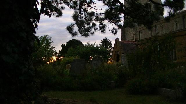a little strip of orange sky behind some dark green graveyard trees in the background. some graves in the fading light amongst dark green shrubs in the center foreground, limestone church on the right. view from beneath a Scots pine, some of the branches hang down at the top of the frame with the ivy covered trunk on the left.
