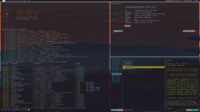 3 tiles in dwm, with Slacker and Slackfetch (+yazi) running. Slackware-Current obviously 