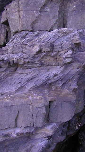 some horizontal layers of grey rock on a coastline cliff of varying widths maybe 15 cm max. some of them have slight folds. some of them are layers of only a few mil but they are up ended at a 45 degree angle. 