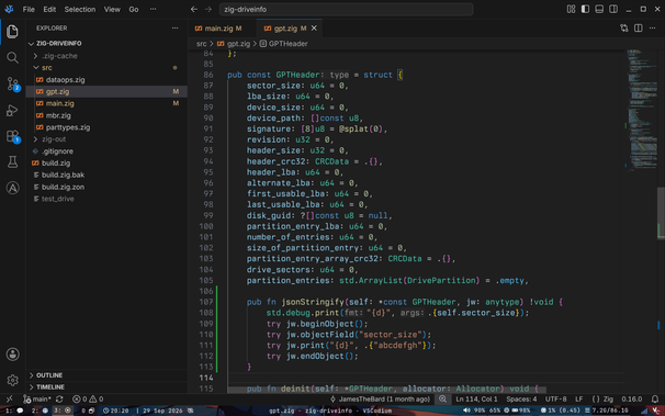 A screenshot of the code responsible for generating custom JSON written in Zig that isn't all that effective.