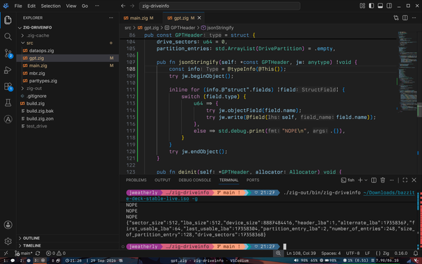 Some example code that writes `u64` values from the struct to a JSON writer via the `jsonStringify` function hanging off the struct.