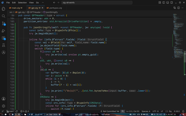 The `jsonStringify` code opened in VSCodium for the `GPTHeader`...and it even works!