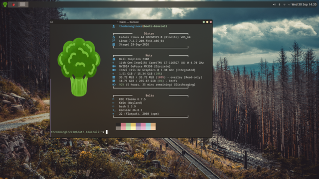 Scrot of bootc broccoli, my bootc KDE image, based on the Ublue version of Kinoite. 