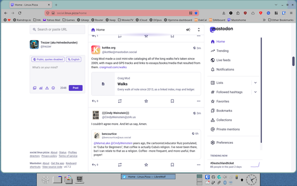 A screenshot of KDE with the Iridiumx theme and Firefox running the same. The UI is a mix of grey menus and pastel colored borders. Mastodon is showing the timeline in Firefox. What isn't visible is that Konveyor is working its magic by tiling windows automatically as they appear - side by side. 