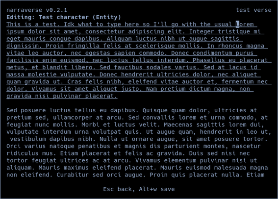 Worldbuilding TUI editor showing an entity editing screen with body content being "This is a test. Idk what to type here so I'll go with the usual" folllowed by the lorem ipsum placeholder