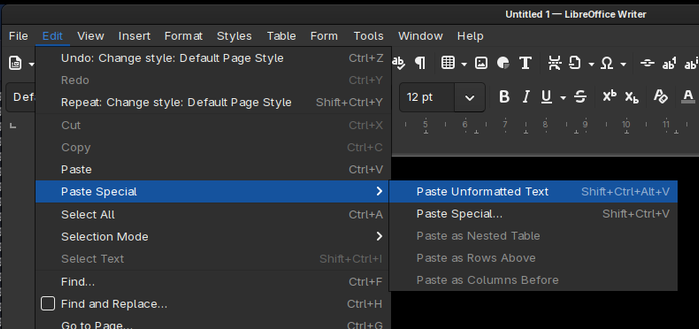 Screenshot from LibeOffice showing the keyboard shortcut for "Paste Unformated Text"
