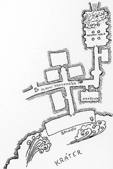 Mapa dungeonu prvního patra opuštěné trpasličí kolonie. Vstupní hala zavalená a velký balkón do sopečného kráteru. Na hlavní promenádě je vidět neumětelsky nakreslená kostra a trpasličí duch.