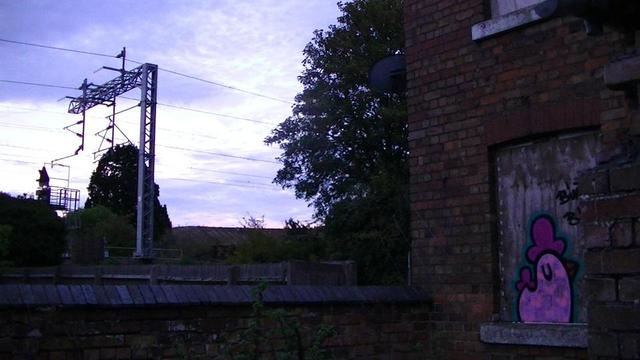 dusk beside an electrified railway. in the garden of empty victorian house. red brick. blue coping bricks on red brick garden wall. purple cloudy sky. sleeping pink chicken graffiti on boarded up window. got another snap with train, but it was shite, so no train :(