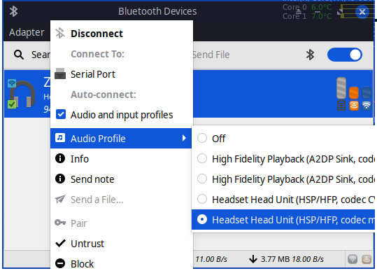 Bluetooth setting for the headset.  Fourth option worked with the microphone properly.  Headset Head Unit (HSP/HFP, coded mSBC)