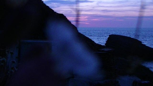 a purple sky at dusk with bits of pinky red towards the horizon. steep rock coast silhouette on left, deep blue purple sea on right. there is a blurr in the center of the frame. it is actually a Sea Campion - a white wildflower.