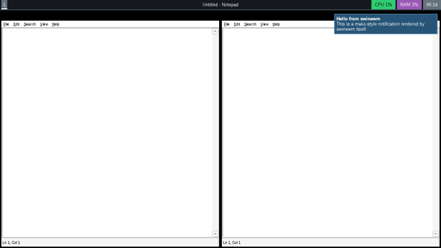 Screenshot of an early version of SwineWM run in Wine.