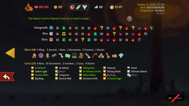 Slay the Spire 2 run summary for the Regent where it was slinging all of the blades.
